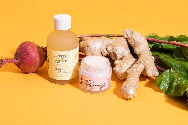 Meet the Ginger + Vitamin C Bright Spot Tonic and Beet + Retinol Nightly Firming Mask