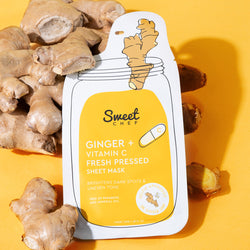 yellow and white sheet mask packaging shaped like a jar on ginger vegetable